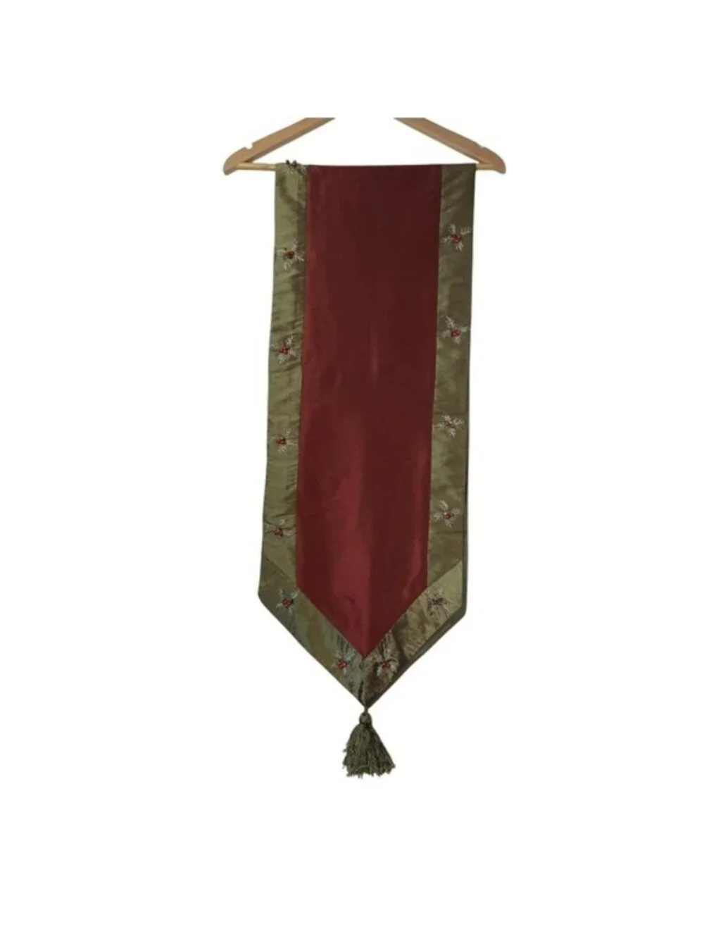 Christmas Table Runner Burgundy Olive Green Embroidered Holly Beaded Tassel 72in